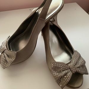Taupe Rhinestone Bow Heels